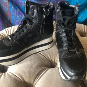 DKNY pony hair wedge sneakers